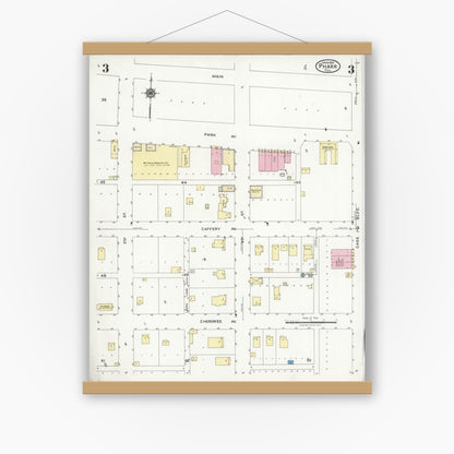 Old map wall art mockup — magnetic wood frame on white wall — Sanborn Fire Insurance Map from Pharr, Hidalgo County, Texas (1925), Sheet #0003