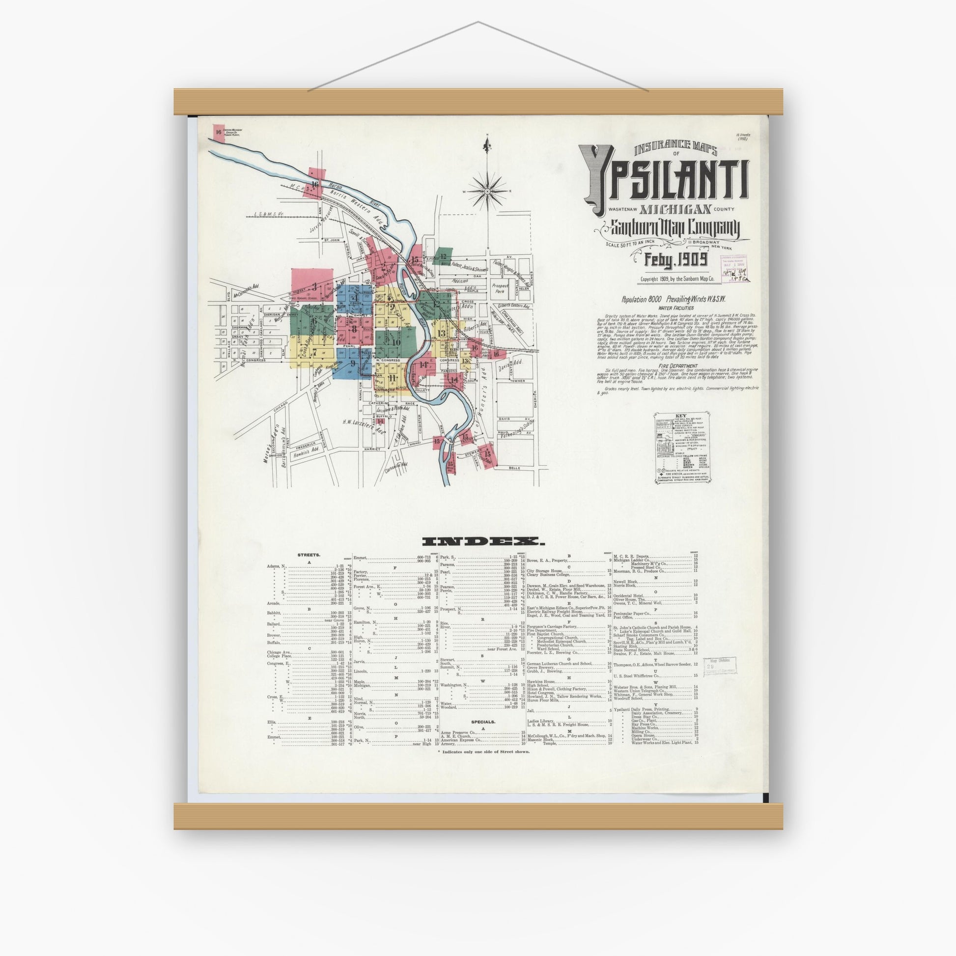 Old map wall art mockup — magnetic wood frame on white wall — Sanborn Fire Insurance Map from Ypsilanti, Washtenaw County, Michigan (1909) - Complete Map Set