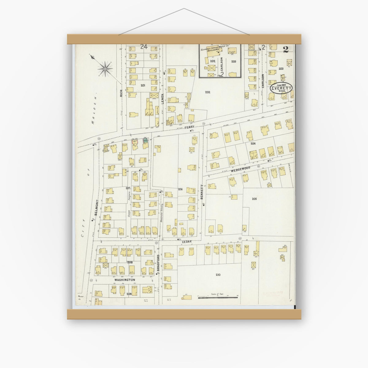 Old map wall art mockup — magnetic wood frame on white wall — Sanborn Fire Insurance Map from Everett, Middlesex County, Massachusetts (1897), Sheet #0002