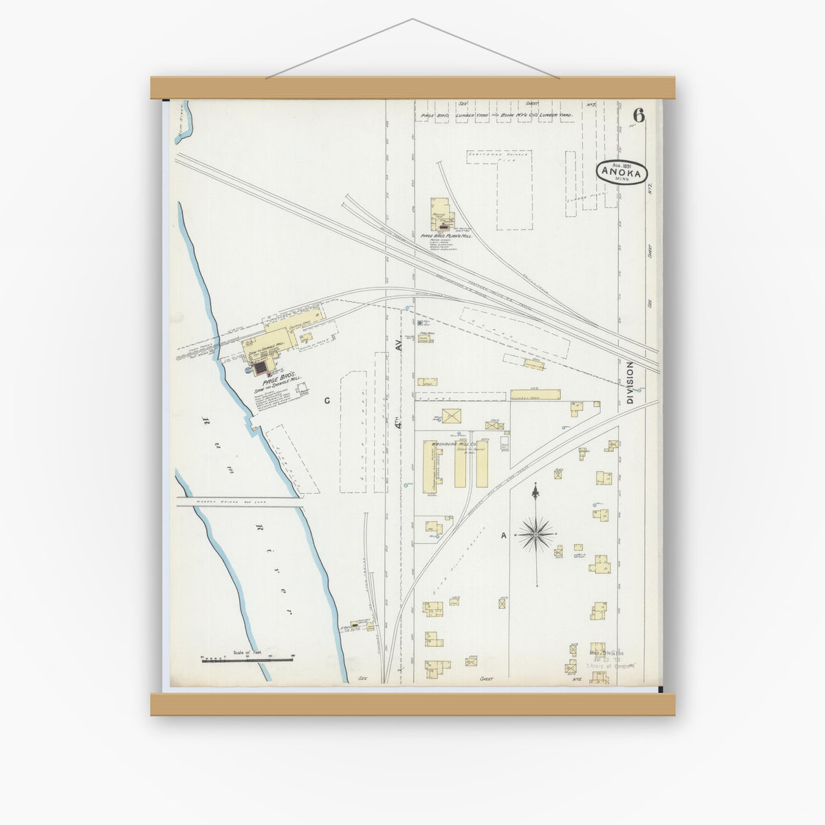 Old map wall art mockup — magnetic wood frame on white wall — Sanborn Fire Insurance Map from Anoka, Anoka County, Minnesota (1891), Sheet #0006