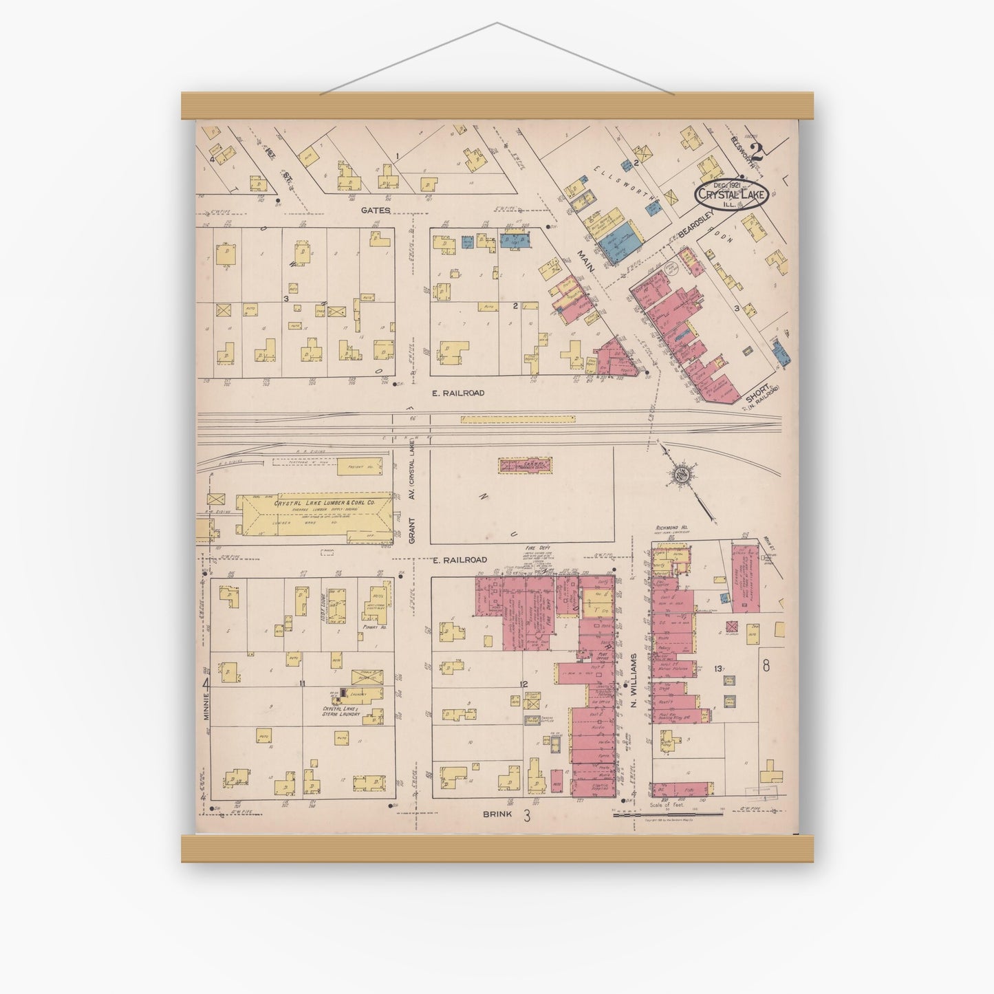 Old map wall art mockup — magnetic wood frame on white wall — Sanborn Fire Insurance Map from Crystal Lake, McHenry County, Illinois (1921), Sheet #0002