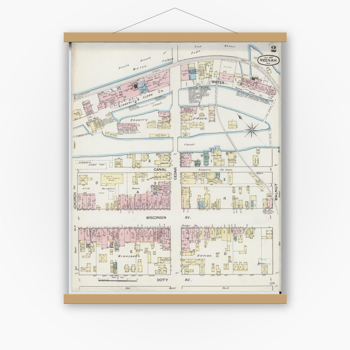 Old map wall art mockup — magnetic wood frame on white wall — Sanborn Fire Insurance Map from Neenah, Winnebago County, Wisconsin (1887), Sheet #0002