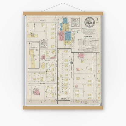 Old map wall art mockup — magnetic wood frame on white wall — Sanborn Fire Insurance Map from Archbold, Fulton County, Ohio (1914), Sheet #0001