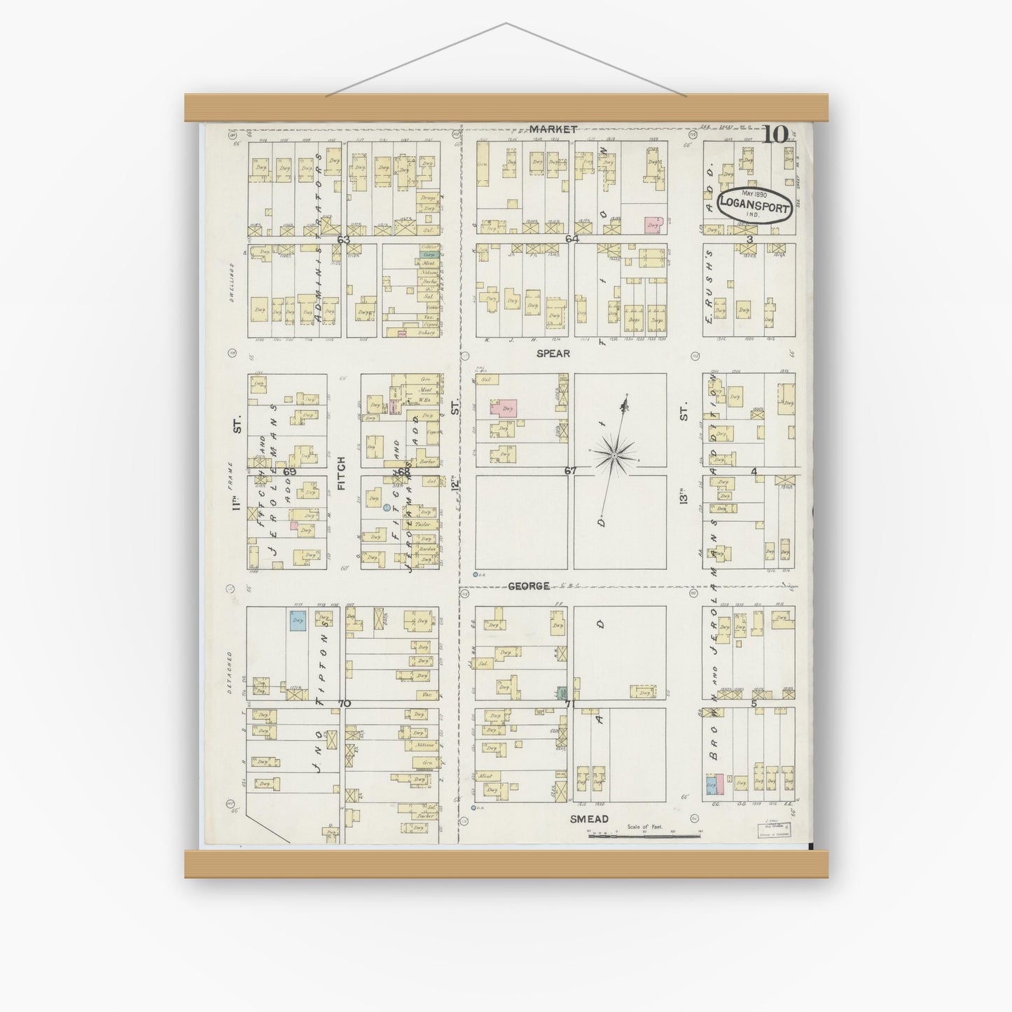 Old map wall art mockup — magnetic wood frame on white wall — Sanborn Fire Insurance Map from Logansport, Cass County, Indiana (1890), Sheet #0010