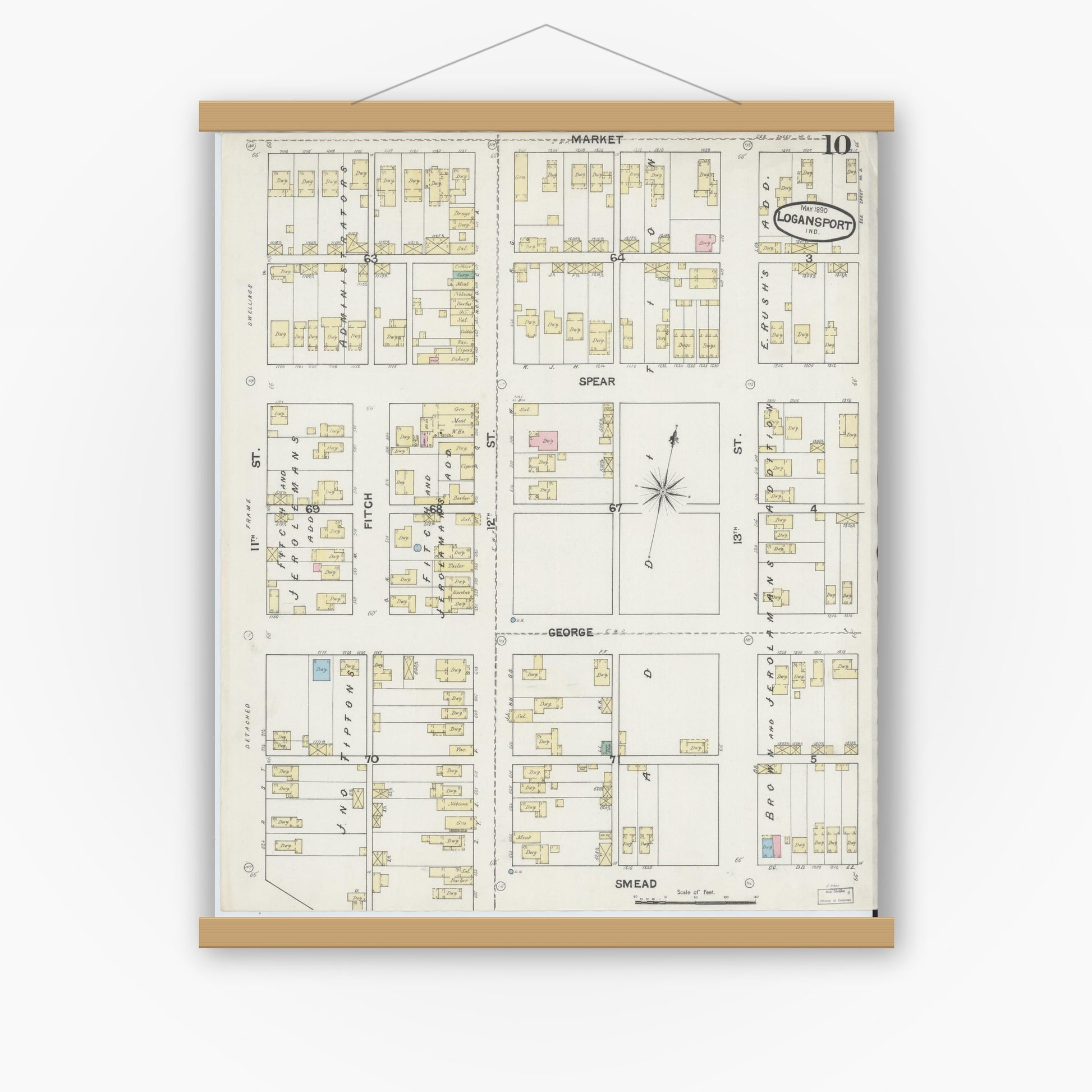 Old map wall art mockup — magnetic wood frame on white wall — Sanborn Fire Insurance Map from Logansport, Cass County, Indiana (1890), Sheet #0010