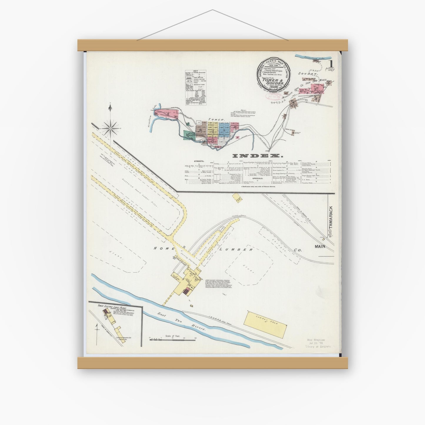 Old map wall art mockup — magnetic wood frame on white wall — Sanborn Fire Insurance Map from Tower, Saint Louis County, Minnesota (1892) - Complete Map Set