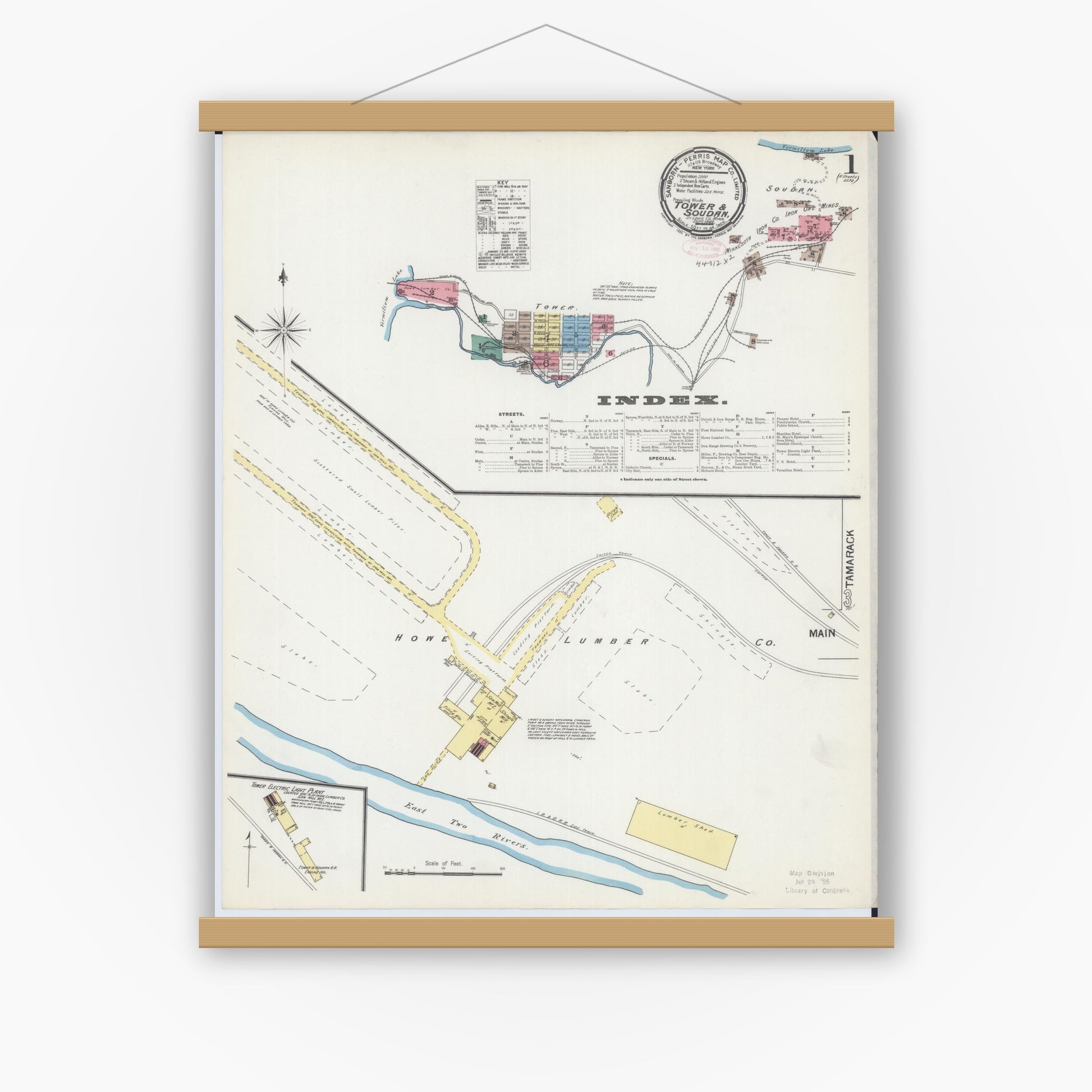 Old map wall art mockup — magnetic wood frame on white wall — Sanborn Fire Insurance Map from Tower, Saint Louis County, Minnesota (1892) - Complete Map Set
