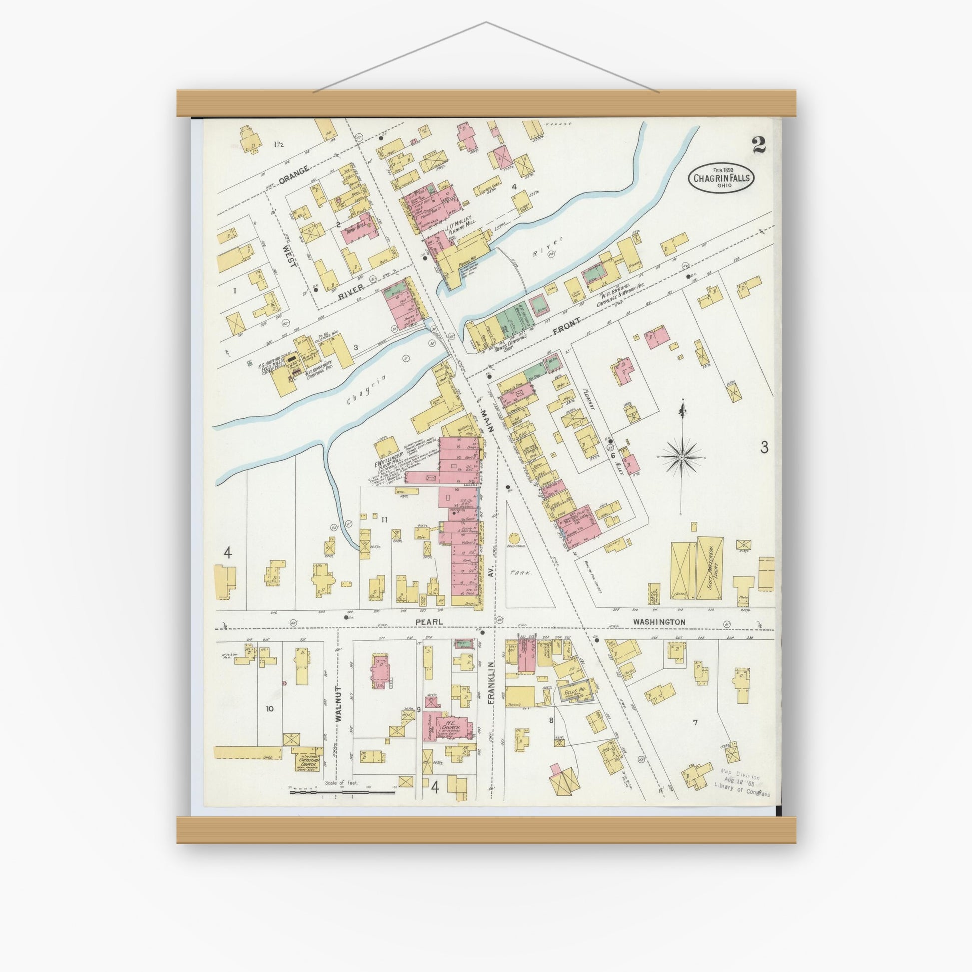 Old map wall art mockup — magnetic wood frame on white wall — Sanborn Fire Insurance Map from Chagrin Falls, Cuyahoga County, Ohio (1899), Sheet #0002