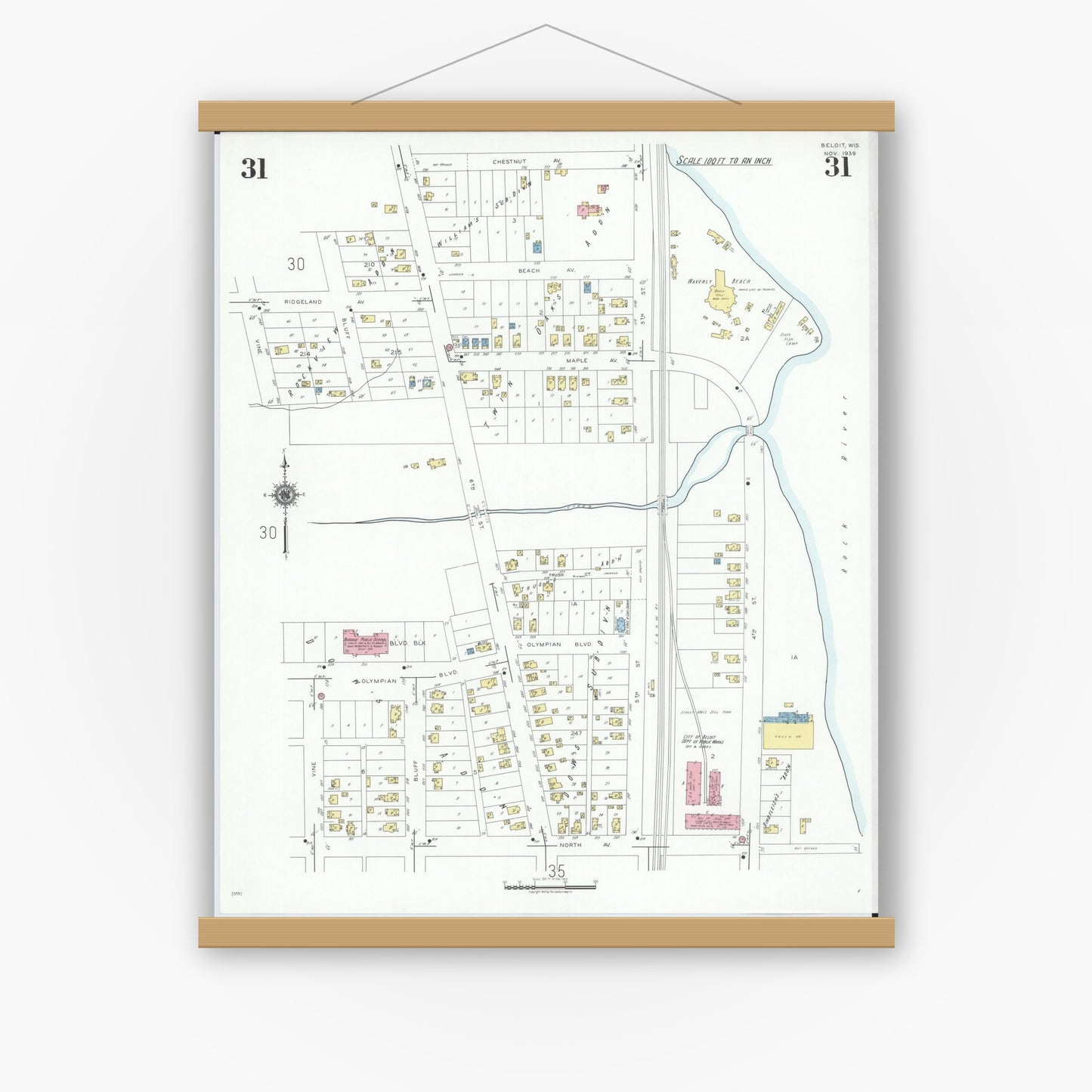 Old map wall art mockup — magnetic wood frame on white wall — Sanborn Fire Insurance Map from Beloit, Rock County, Wisconsin (1939), Sheet #0031