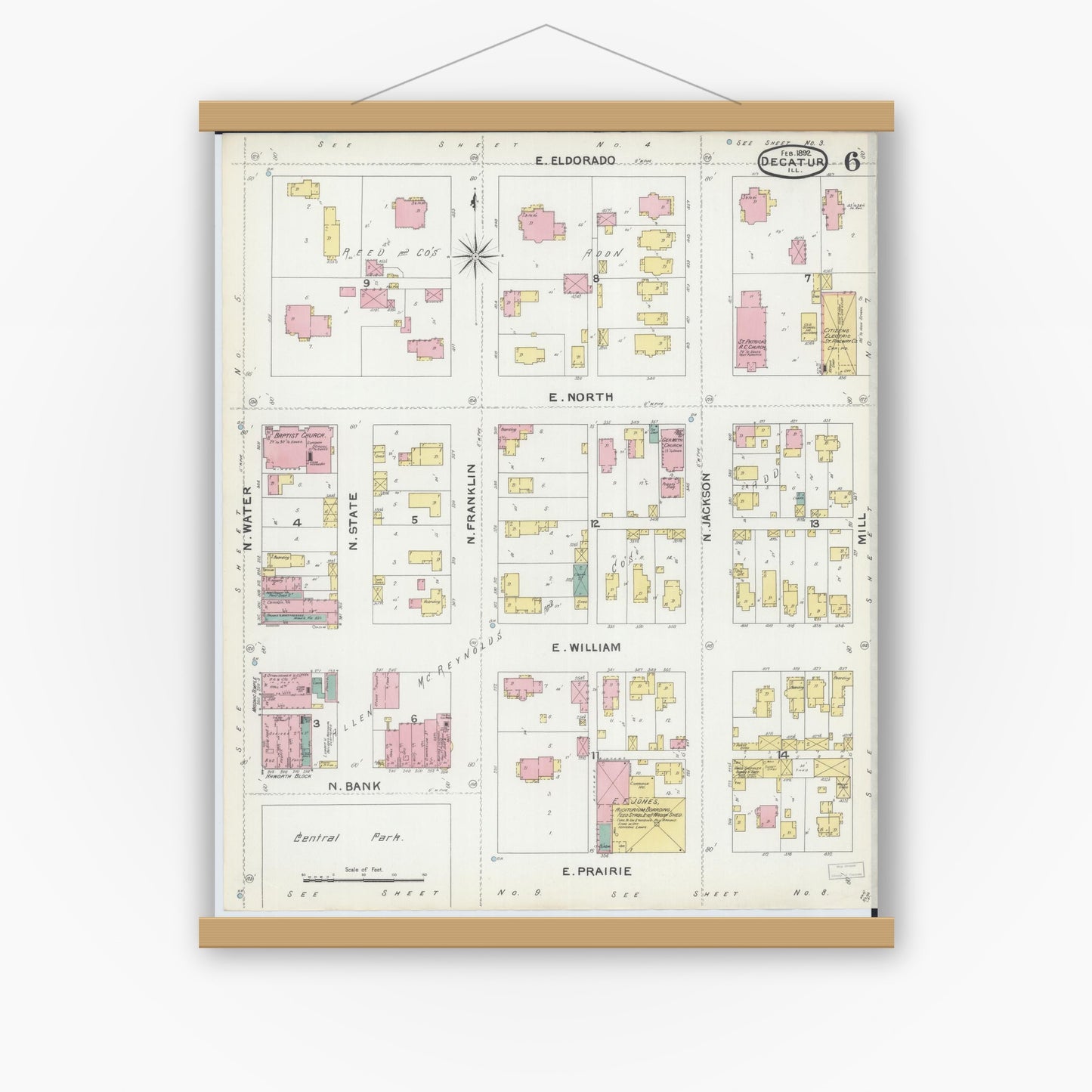 Old map wall art mockup — magnetic wood frame on white wall — Sanborn Fire Insurance Map from Decatur, Macon County, Illinois (1892), Sheet #0006