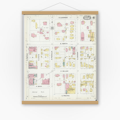 Old map wall art mockup — magnetic wood frame on white wall — Sanborn Fire Insurance Map from Decatur, Macon County, Illinois (1892), Sheet #0006