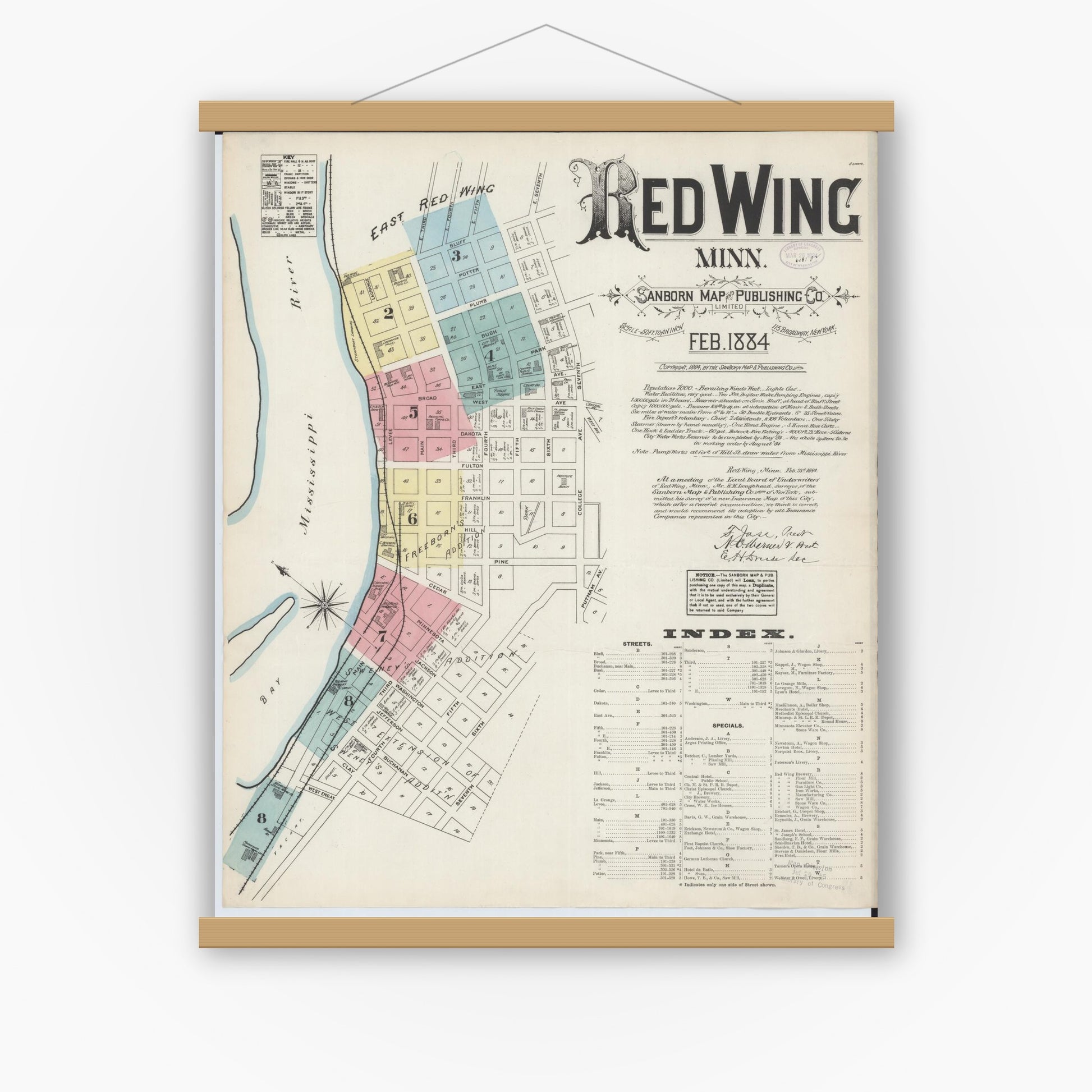 Old map wall art mockup — magnetic wood frame on white wall — Sanborn Fire Insurance Map from Red Wing, Goodhue County, Minnesota (1884) - Complete Map Set