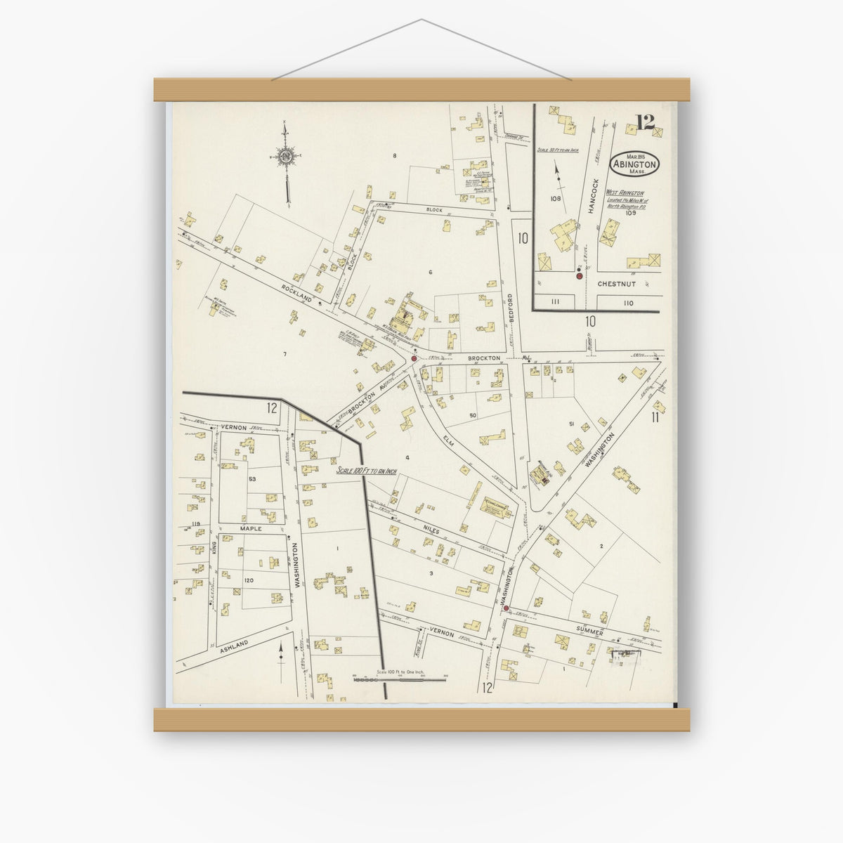 Old map wall art mockup — magnetic wood frame on white wall — Sanborn Fire Insurance Map from Abington, Plymouth County, Massachusetts (1915), Sheet #0012