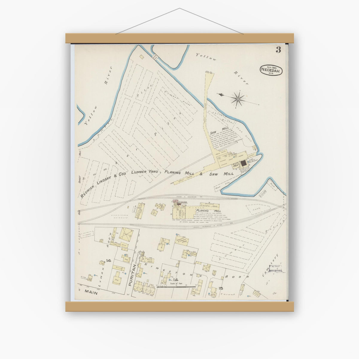 Old map wall art mockup — magnetic wood frame on white wall — Sanborn Fire Insurance Map from Necedah, Juneau County, Wisconsin (1885), Sheet #0003