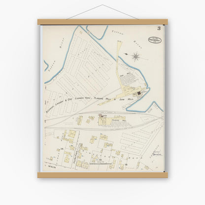 Old map wall art mockup — magnetic wood frame on white wall — Sanborn Fire Insurance Map from Necedah, Juneau County, Wisconsin (1885), Sheet #0003