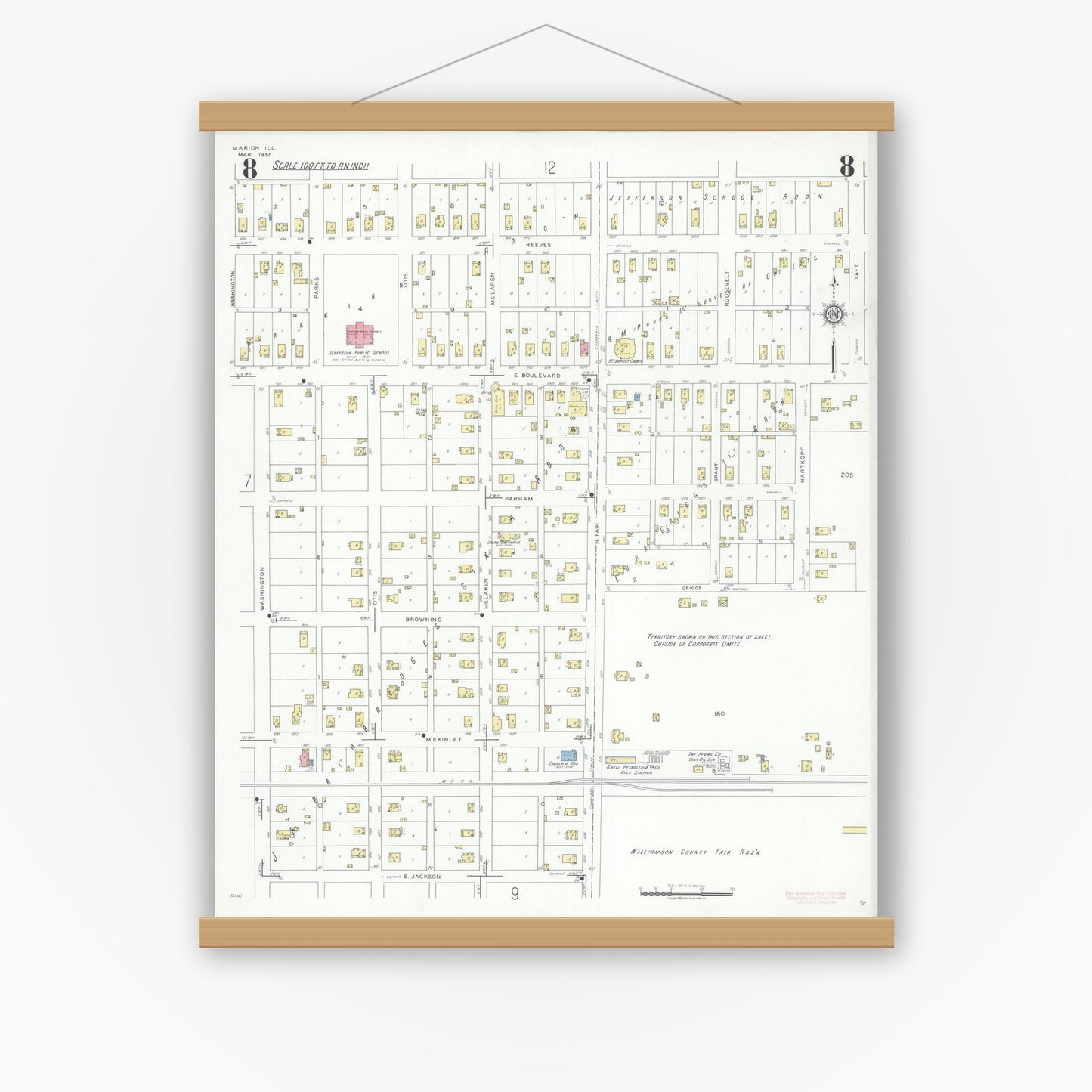 Old map wall art mockup — magnetic wood frame on white wall — Sanborn Fire Insurance Map from Marion, Williamson County, Illinois (1937), Sheet #0008