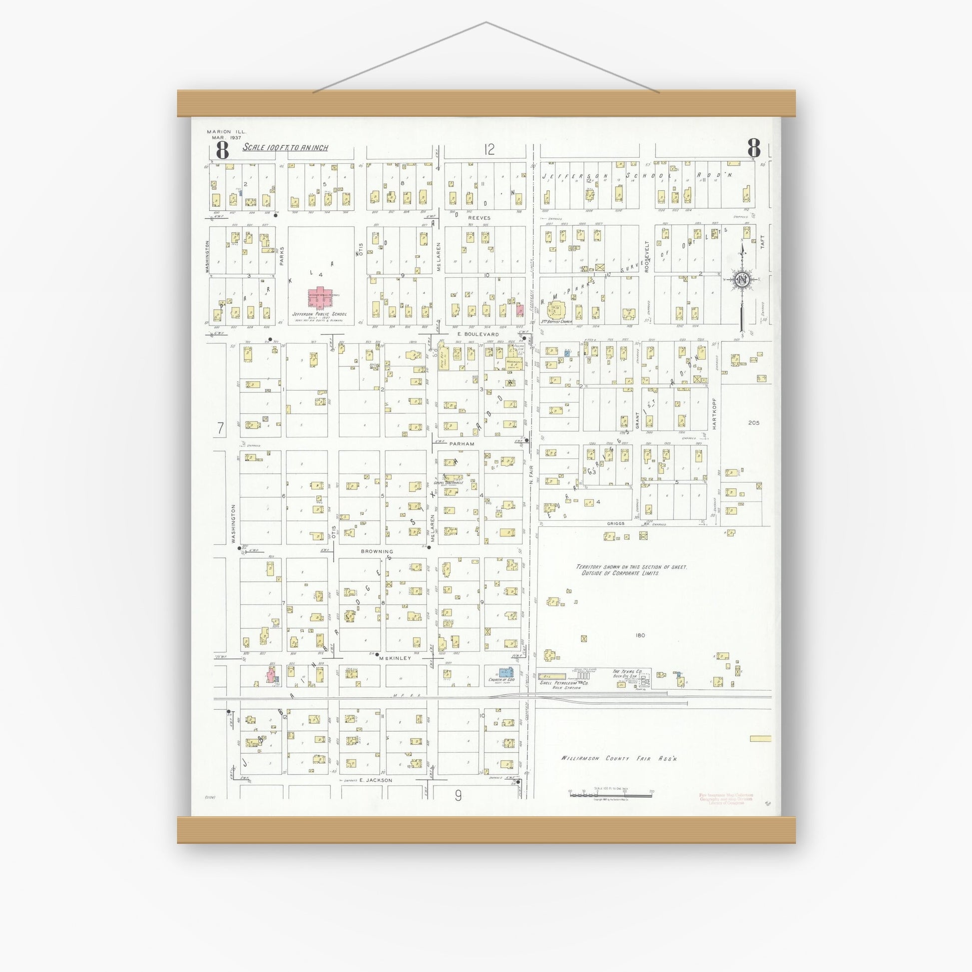Old map wall art mockup — magnetic wood frame on white wall — Sanborn Fire Insurance Map from Marion, Williamson County, Illinois (1937), Sheet #0008