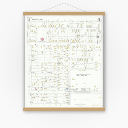 Old map wall art mockup — magnetic wood frame on white wall — Sanborn Fire Insurance Map from Marion, Williamson County, Illinois (1937), Sheet #0008