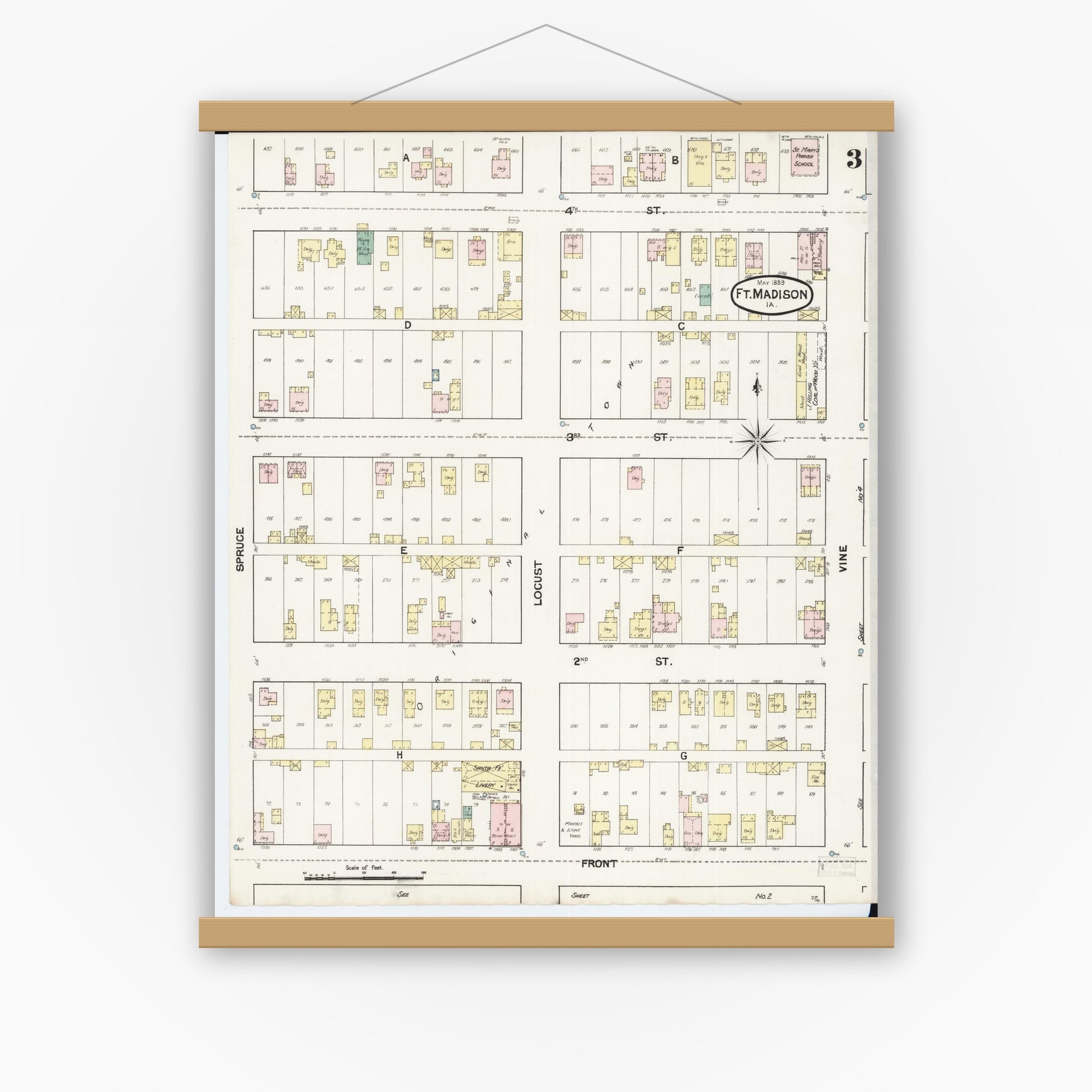 Old map wall art mockup — magnetic wood frame on white wall — Sanborn Fire Insurance Map from Fort Madison, Lee County, Iowa (1889), Sheet #0003