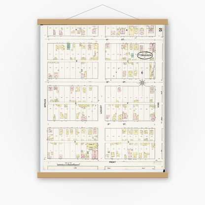 Old map wall art mockup — magnetic wood frame on white wall — Sanborn Fire Insurance Map from Fort Madison, Lee County, Iowa (1889), Sheet #0003