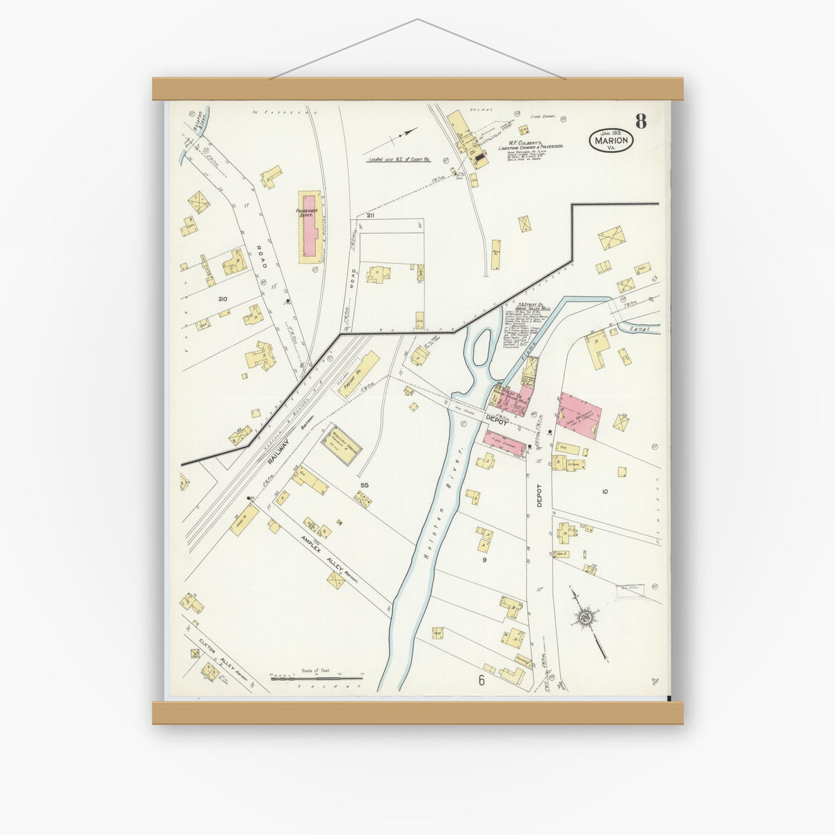 Old map wall art mockup — magnetic wood frame on white wall — Sanborn Fire Insurance Map from Marion, Smyth County, Virginia (1913), Sheet #0008