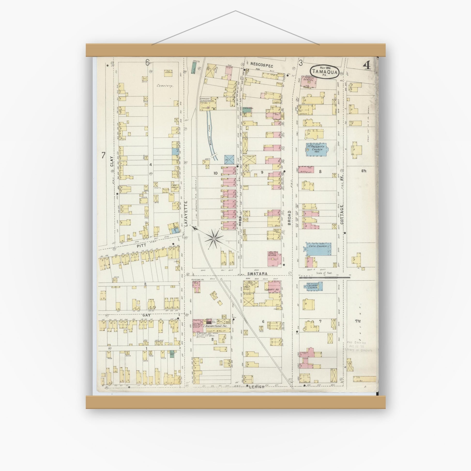 Old map wall art mockup — magnetic wood frame on white wall — Sanborn Fire Insurance Map from Tamaqua, Schuylkill County, Pennsylvania (1896), Sheet #0004