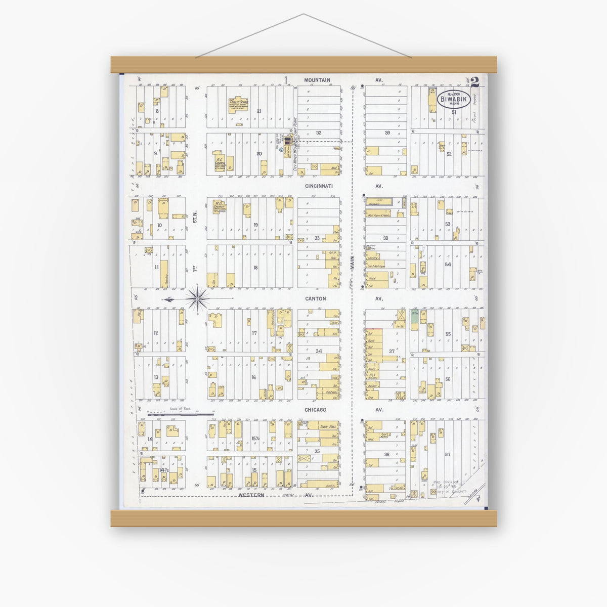 Old map wall art mockup — magnetic wood frame on white wall — Sanborn Fire Insurance Map from Biwabik, Saint Louis County, Minnesota (1900), Sheet #0002