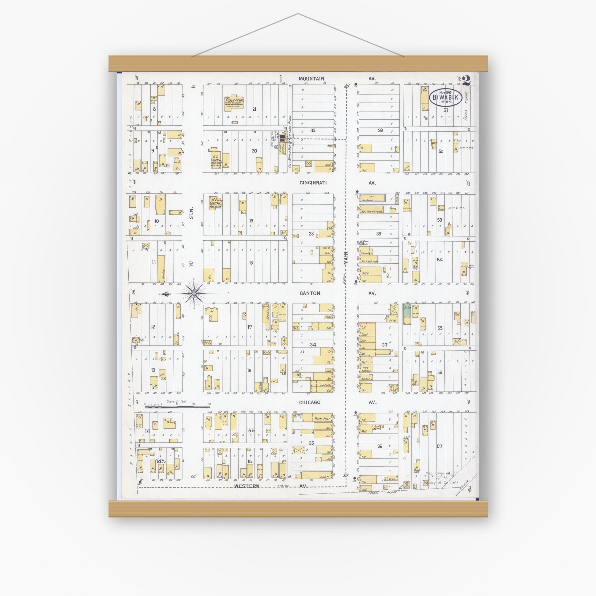 Old map wall art mockup — magnetic wood frame on white wall — Sanborn Fire Insurance Map from Biwabik, Saint Louis County, Minnesota (1900), Sheet #0002