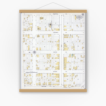 Old map wall art mockup — magnetic wood frame on white wall — Sanborn Fire Insurance Map from Biwabik, Saint Louis County, Minnesota (1900), Sheet #0002