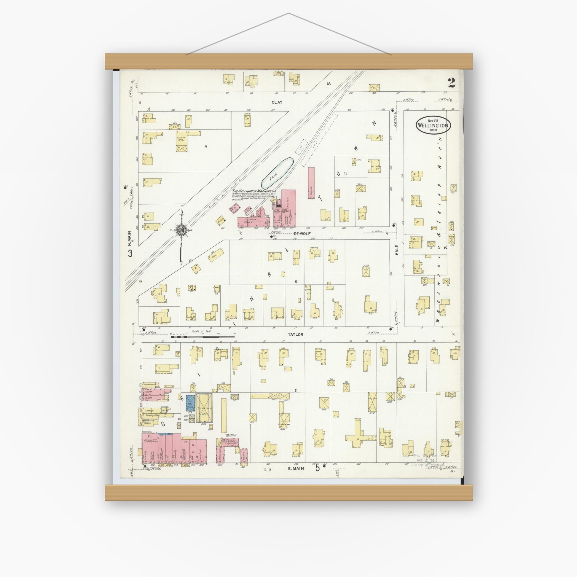 Old map wall art mockup — magnetic wood frame on white wall — Sanborn Fire Insurance Map from Wellington, Lorain County, Ohio (1911), Sheet #0002