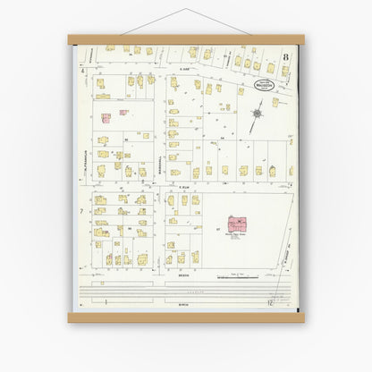 Old map wall art mockup — magnetic wood frame on white wall — Sanborn Fire Insurance Map from Wauseon, Fulton County, Ohio (1910), Sheet #0008
