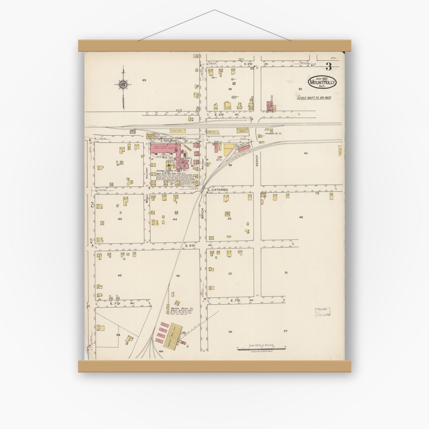 Old map wall art mockup — magnetic wood frame on white wall — Sanborn Fire Insurance Map from Mount Holly, Gaston County, North Carolina (1922), Sheet #0003