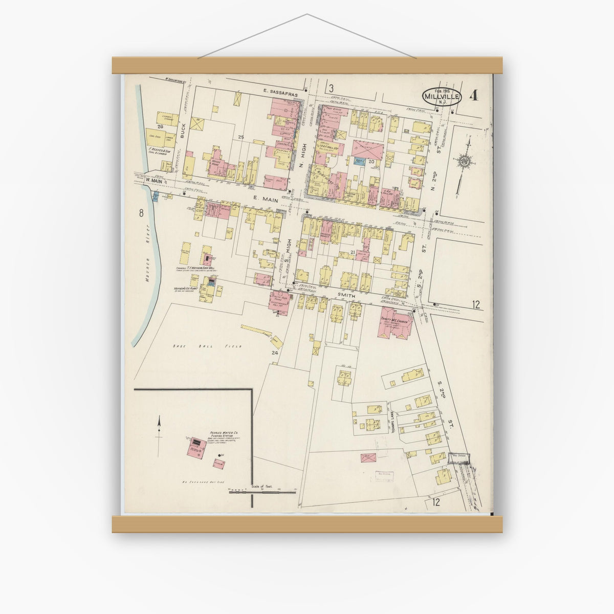 Old map wall art mockup — magnetic wood frame on white wall — Sanborn Fire Insurance Map from Millville, Cumberland County, New Jersey (1915), Sheet #0004