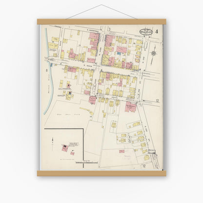 Old map wall art mockup — magnetic wood frame on white wall — Sanborn Fire Insurance Map from Millville, Cumberland County, New Jersey (1915), Sheet #0004