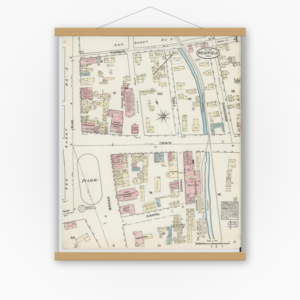Old map wall art mockup — magnetic wood frame on white wall — Sanborn Fire Insurance Map from Westfield, Hampden County, Massachusetts (1884), Sheet #0004