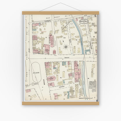 Old map wall art mockup — magnetic wood frame on white wall — Sanborn Fire Insurance Map from Westfield, Hampden County, Massachusetts (1884), Sheet #0004