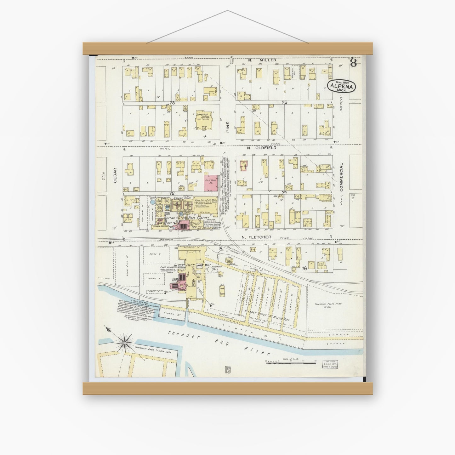 Old map wall art mockup — magnetic wood frame on white wall — Sanborn Fire Insurance Map from Alpena, Alpena County, Michigan (1895), Sheet #0008