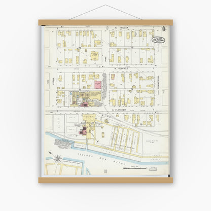Old map wall art mockup — magnetic wood frame on white wall — Sanborn Fire Insurance Map from Alpena, Alpena County, Michigan (1895), Sheet #0008