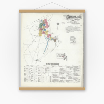 Old map wall art mockup — magnetic wood frame on white wall — Sanborn Fire Insurance Map from North Attleborough, Bristol County, Massachusetts (1916) - Complete Map Set