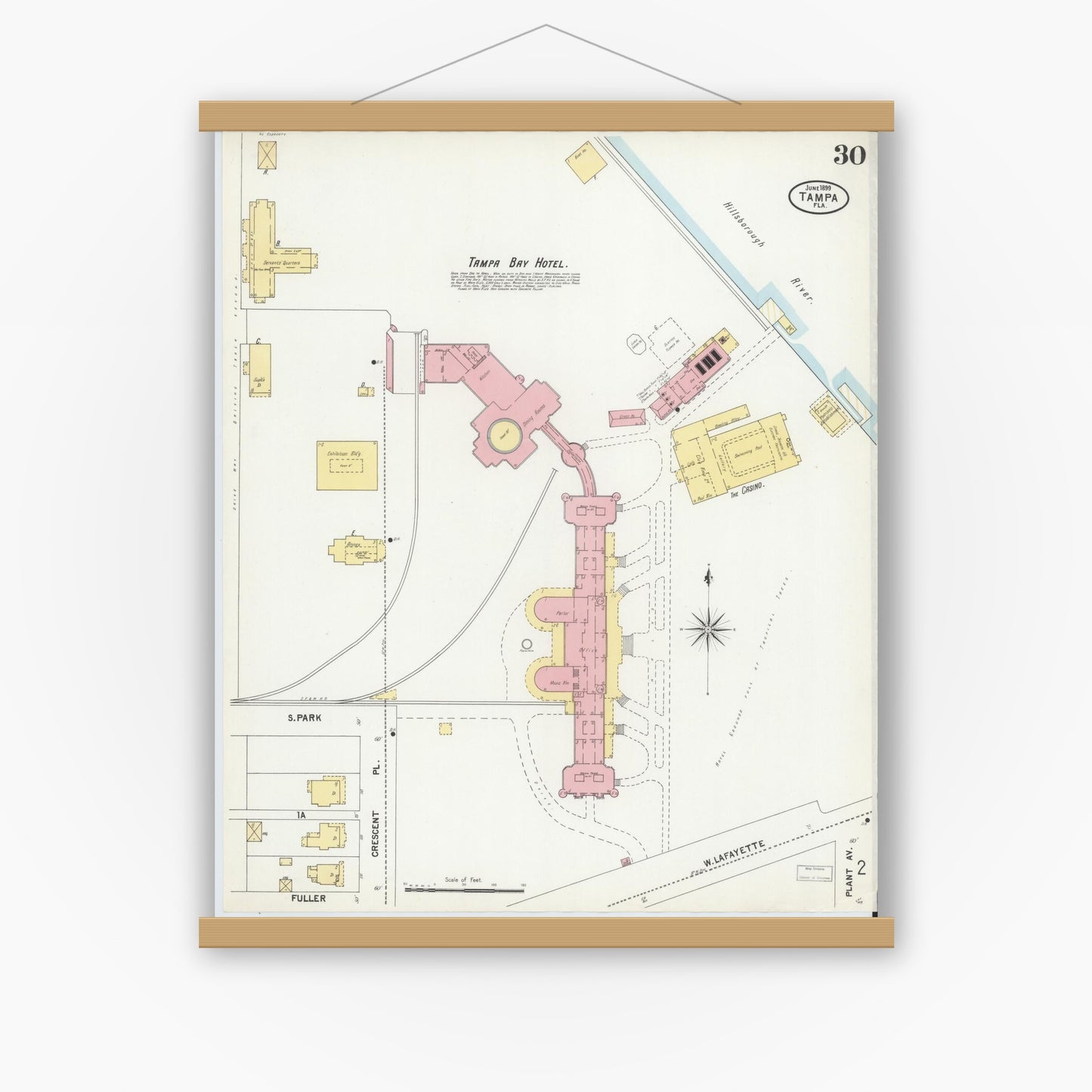 Old map wall art mockup — magnetic wood frame on white wall — Sanborn Fire Insurance Map from Tampa, Hillsborough County, Florida (1899), Sheet #0030