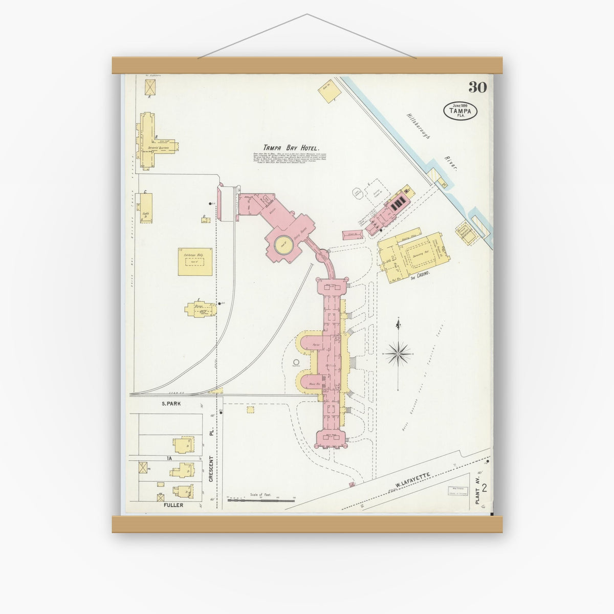 Old map wall art mockup — magnetic wood frame on white wall — Sanborn Fire Insurance Map from Tampa, Hillsborough County, Florida (1899), Sheet #0030