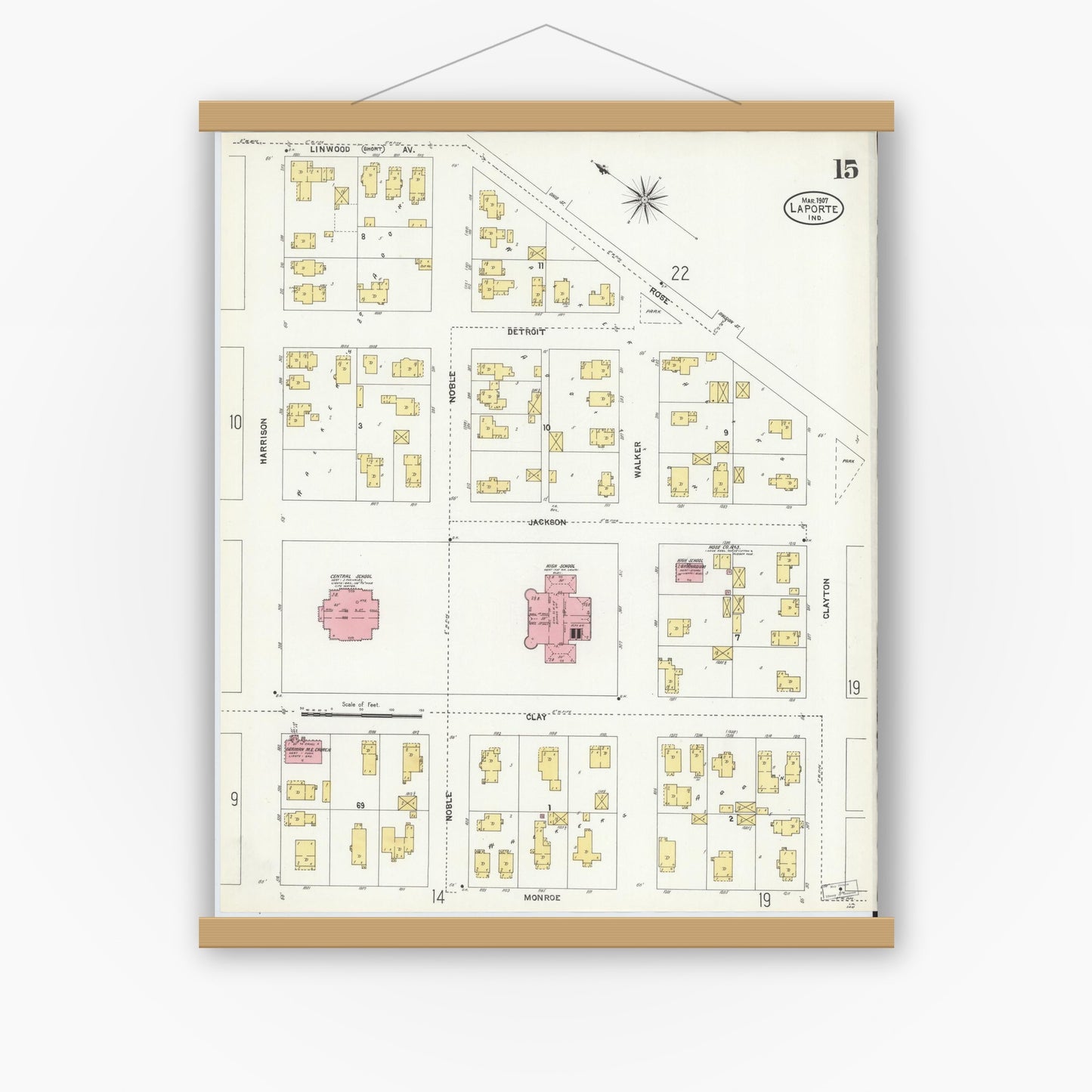 Old map wall art mockup — magnetic wood frame on white wall — Sanborn Fire Insurance Map from La Porte, La Porte County, Indiana (1907), Sheet #0015