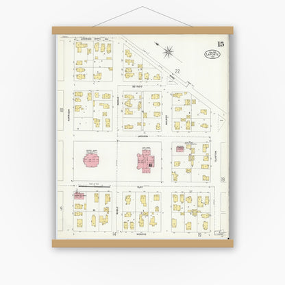 Old map wall art mockup — magnetic wood frame on white wall — Sanborn Fire Insurance Map from La Porte, La Porte County, Indiana (1907), Sheet #0015