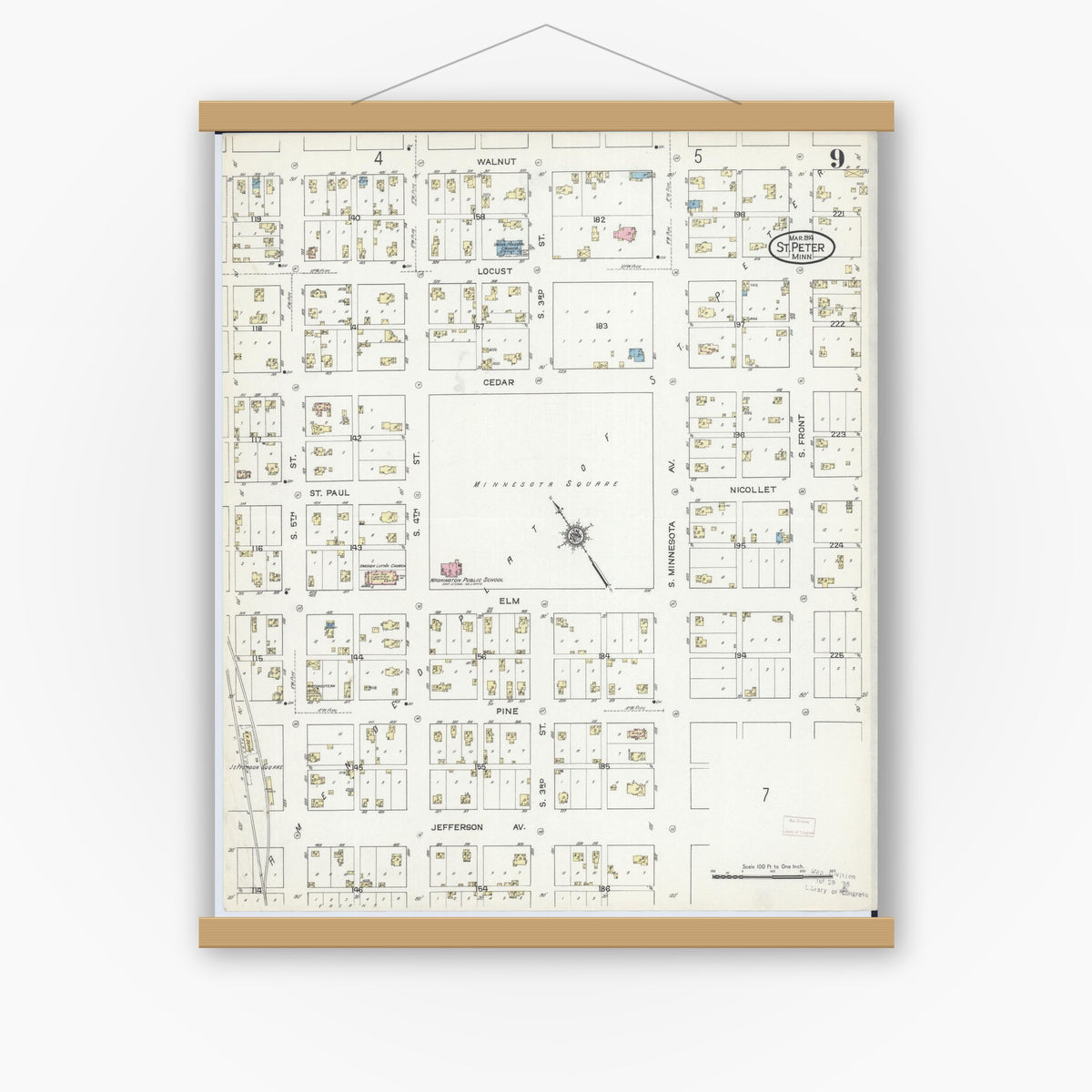 Old map wall art mockup — magnetic wood frame on white wall — Sanborn Fire Insurance Map from Saint Peter, Nicollet County, Minnesota (1914), Sheet #0009
