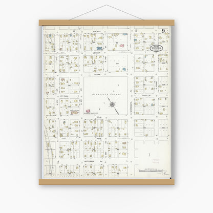 Old map wall art mockup — magnetic wood frame on white wall — Sanborn Fire Insurance Map from Saint Peter, Nicollet County, Minnesota (1914), Sheet #0009