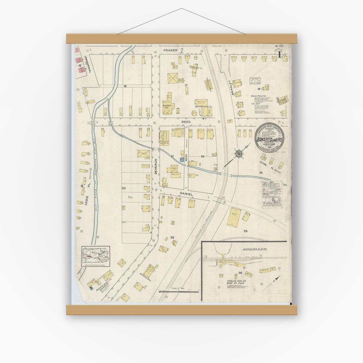 Old map wall art mockup — magnetic wood frame on white wall — Sanborn Fire Insurance Map from Bakerton, Cambria County, Pennsylvania (1916), Sheet #0001