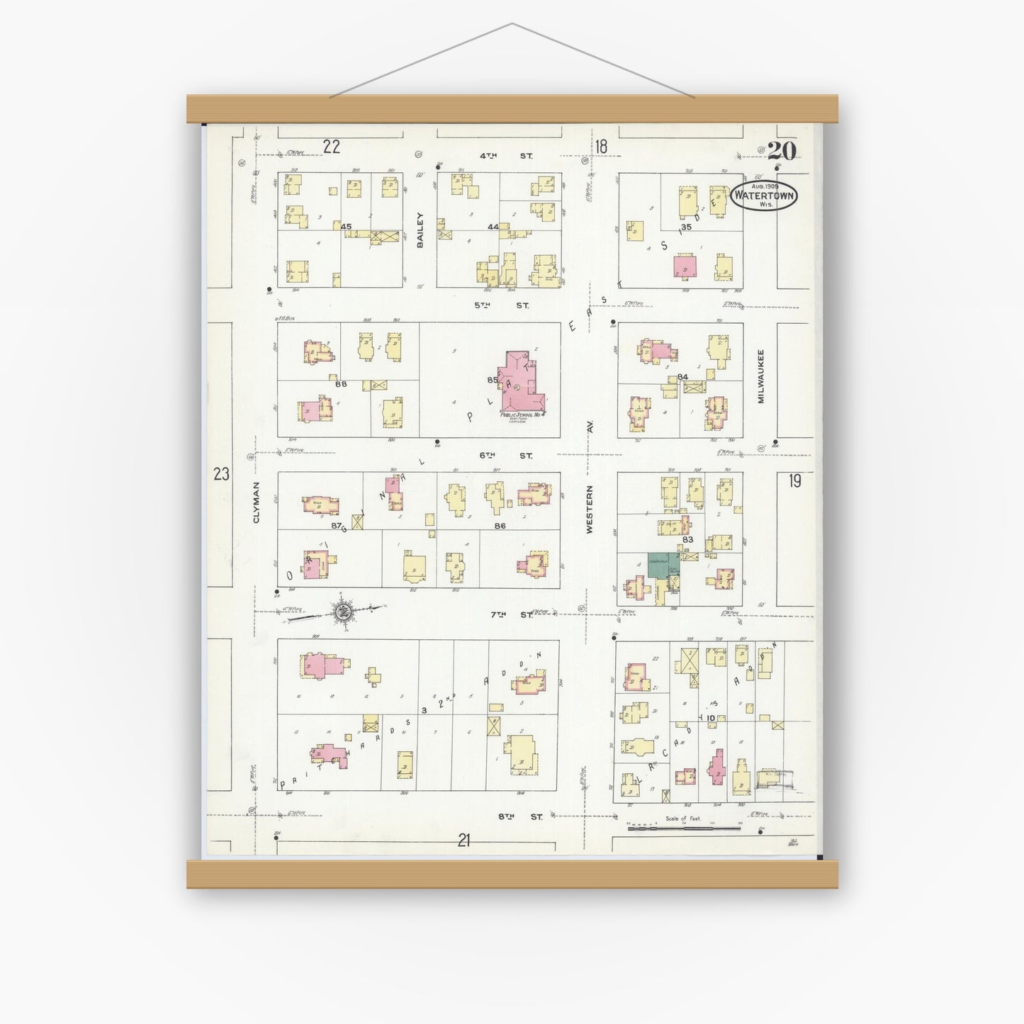 Old map wall art mockup — magnetic wood frame on white wall — Sanborn Fire Insurance Map from Watertown, Jefferson County, Wisconsin (1909), Sheet #0020