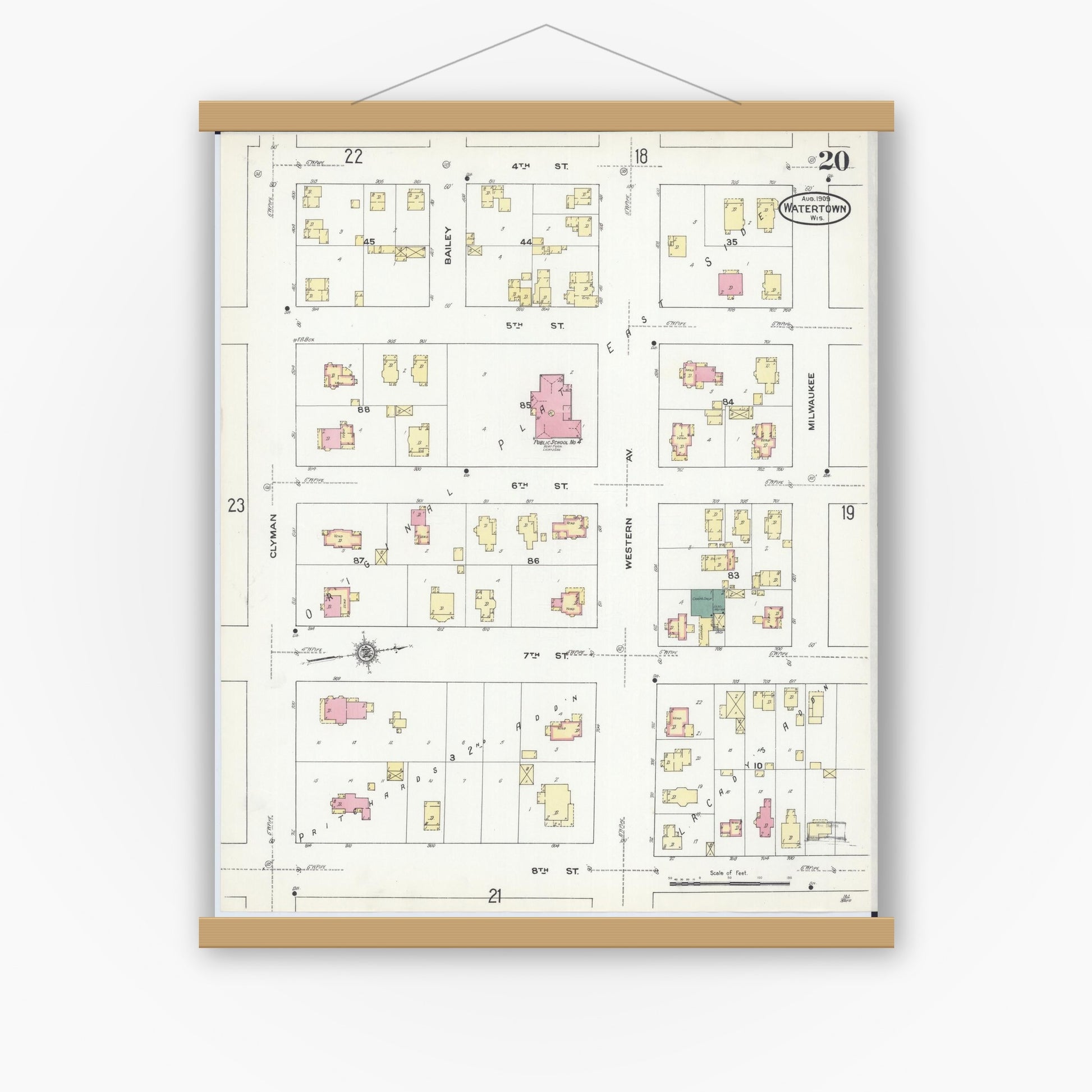 Old map wall art mockup — magnetic wood frame on white wall — Sanborn Fire Insurance Map from Watertown, Jefferson County, Wisconsin (1909), Sheet #0020