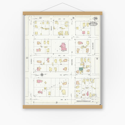 Old map wall art mockup — magnetic wood frame on white wall — Sanborn Fire Insurance Map from Watertown, Jefferson County, Wisconsin (1909), Sheet #0020