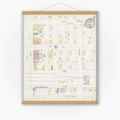 Old map wall art mockup — magnetic wood frame on white wall — Sanborn Fire Insurance Map from Itasca, Hill County, Texas (1896), Sheet #0001